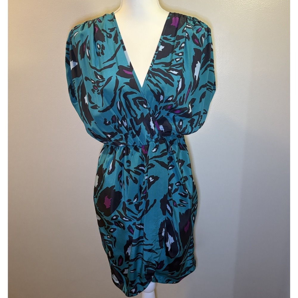 Akiko Faux Wrap 100% Silk Dress Black Green Purple Abstract‎ Print V-Neck S USA